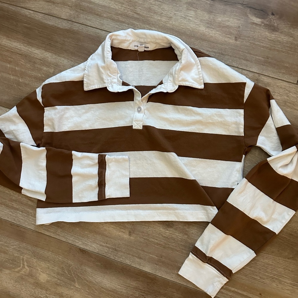 BROWN & WHITE STRIPE CROPPED RUGBY SHIRT
